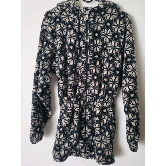 Lands End Womens M 10-12 Full Zip Fleece Jacket Coat Black & White Pockets Hood - Picture 1 of 9